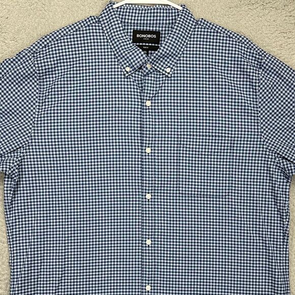 Bonobos Shirt Adult 2XL Navy Blue Plaid Slim Fit Button Down Stretch Pocket Mens
